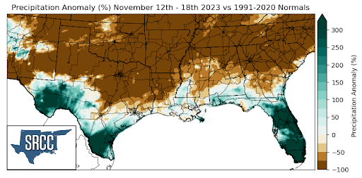 Graphic showing the precipitation anomalies across the Southern Region for November 12th - 18th