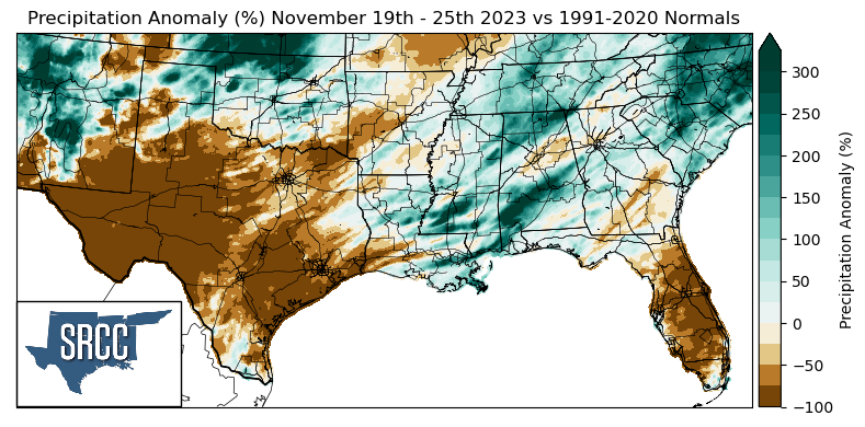 Graphic showing the precipitation anomalies across the Southern Region for November 19th - 25th