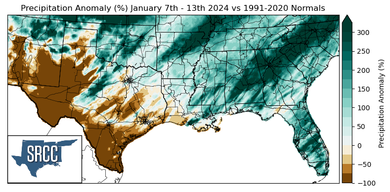 Graphic showing the precipitation anomalies across the Southern Region for January 7th - 13th