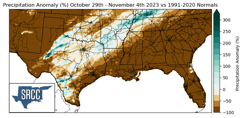 Graphic showing the precipitation anomalies across the Southern Region for October 29th - November 4th