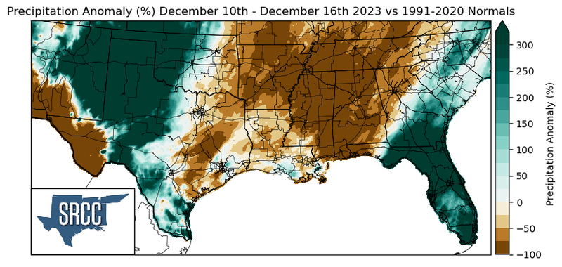 Graphic showing the precipitation anomalies across the Southern Region for December 10th - 16th