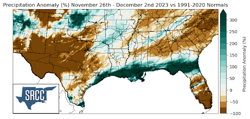 Graphic showing the precipitation anomalies across the Southern Region for November 26th - December 2nd
