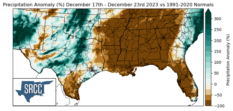 Graphic showing the precipitation anomalies across the Southern Region for December 17th - 23rd