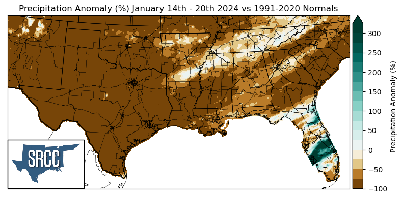 Graphic showing the precipitation anomalies across the Southern Region for January 14th - 20th