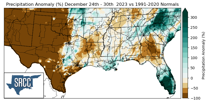 Graphic showing the precipitation anomalies across the Southern Region for December 24th - 30th