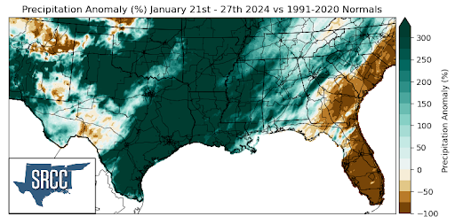 Graphic showing the precipitation anomalies across the Southern Region for January 21st - 27th