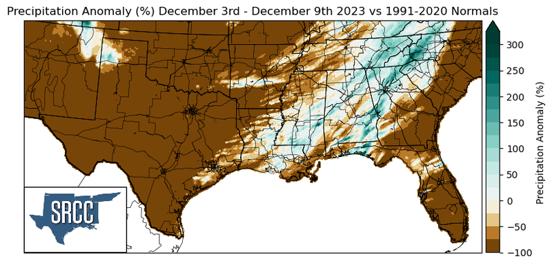 Graphic showing the precipitation anomalies across the Southern Region for December 3rd - 9th