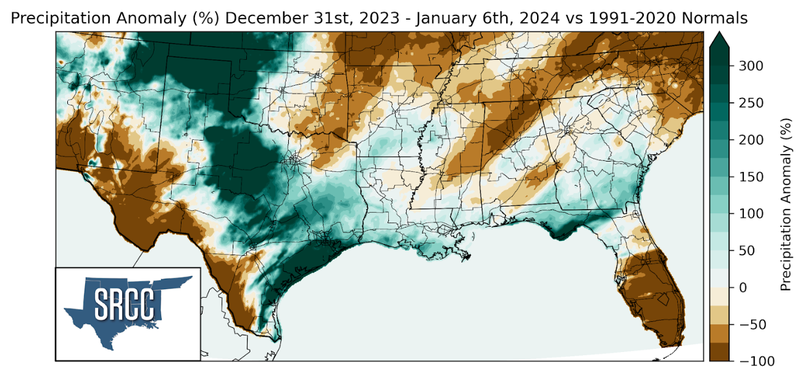 Graphic showing the accumulated precipitation across the Southern Region for December 31st - January 6th