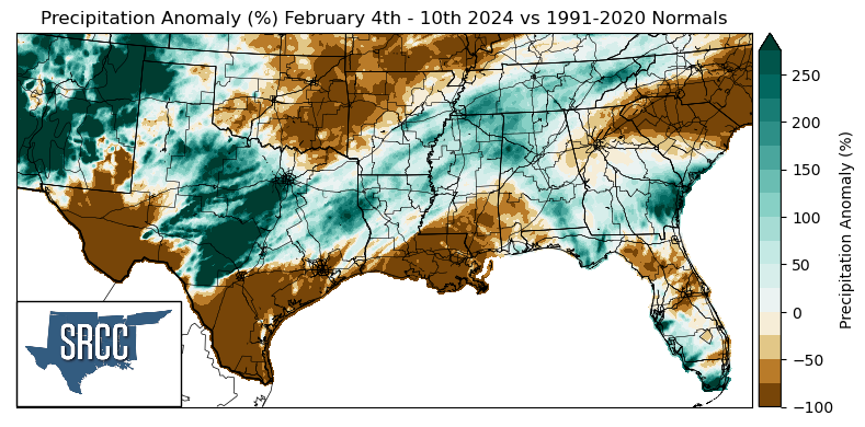 Graphic showing the precipitation anomalies across the Southern Region for February 4th - 10th