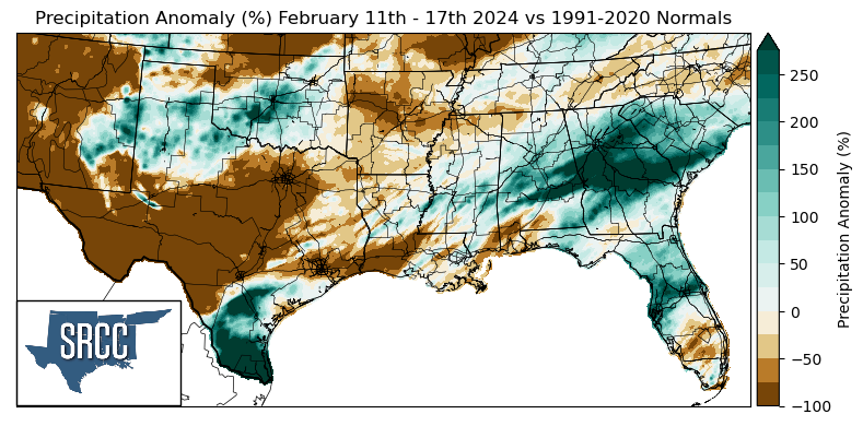 Graphic showing the precipitation anomalies across the Southern Region for February 11th - 17th