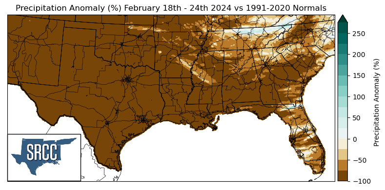 Graphic showing the precipitation anomalies across the Southern Region for February 18th - 24th