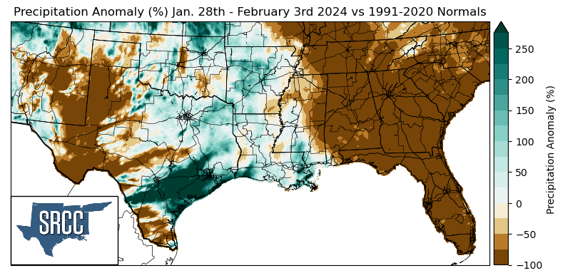 Graphic showing the precipitation anomalies across the Southern Region for January 28th - February 3rd