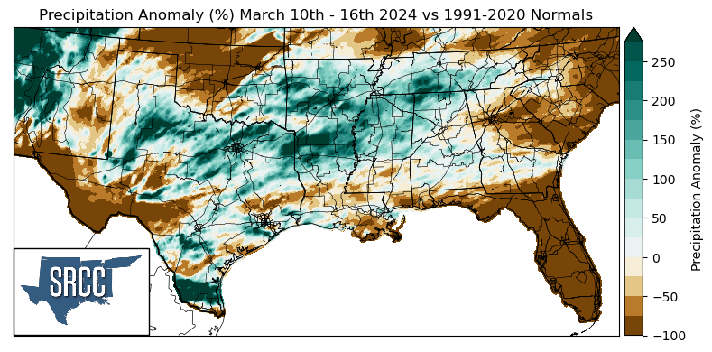 Graphic showing the precipitation anomalies across the Southern Region for March 10th - 16th