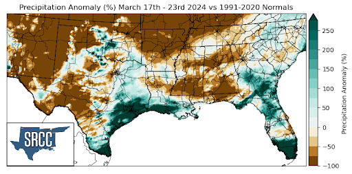 Graphic showing the precipitation anomalies across the Southern Region for March 17th - 23rd