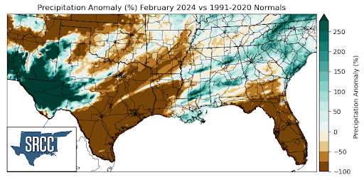 Graphic showing the precipitation anomalies across the Southern Region for February 25th - March 2nd