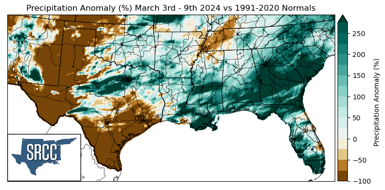 Graphic showing the precipitation anomalies across the Southern Region for March 3rd - 9th