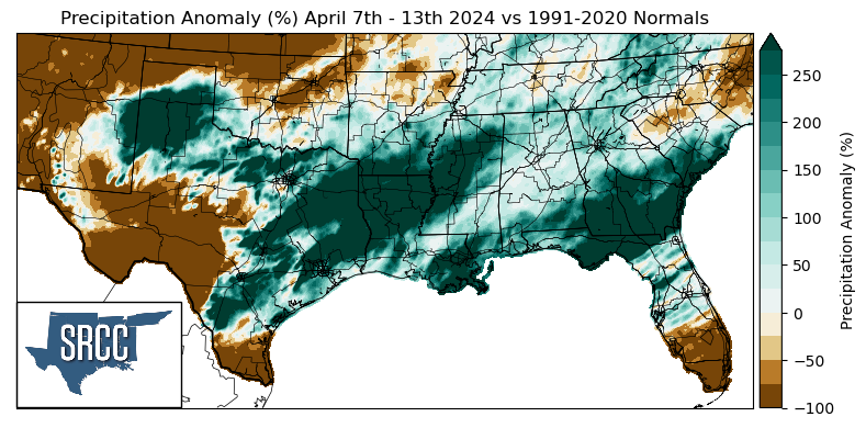 Graphic showing the precipitation anomalies across the Southern Region for April 7th - 13th