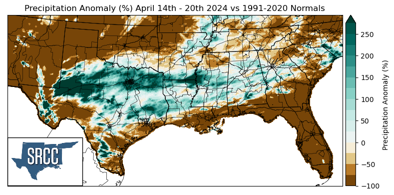 Graphic showing the precipitation anomalies across the Southern Region for April 14th - 20th