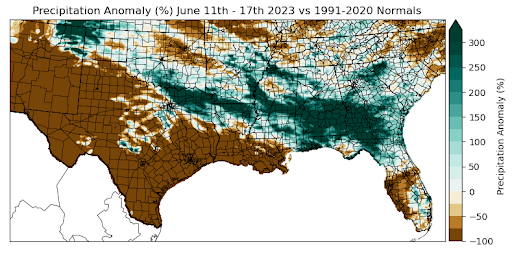 Graphic showing the precipitation anomalies across the Southern Region for June 11th - 17th