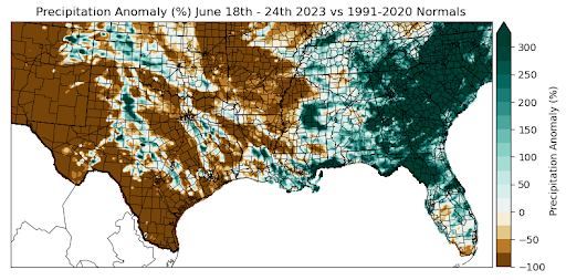 Graphic showing the precipitation anomalies across the Southern Region for June 18th - 24th