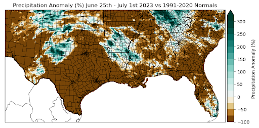 Graphic showing the precipitation anomalies across the Southern Region for June 25th - July 1st