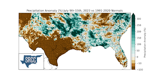 Graphic showing the precipitation anomalies across the Southern Region for July 9th - 15th