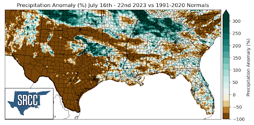 Graphic showing the precipitation anomalies across the Southern Region for July 16th - 22nd