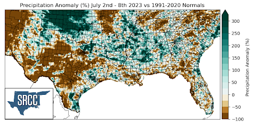 Graphic showing the precipitation anomalies across the Southern Region for July 2nd - 8th