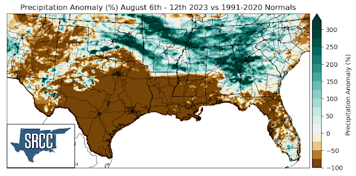 Graphic showing the precipitation anomalies across the Southern Region for August 6th - 12th