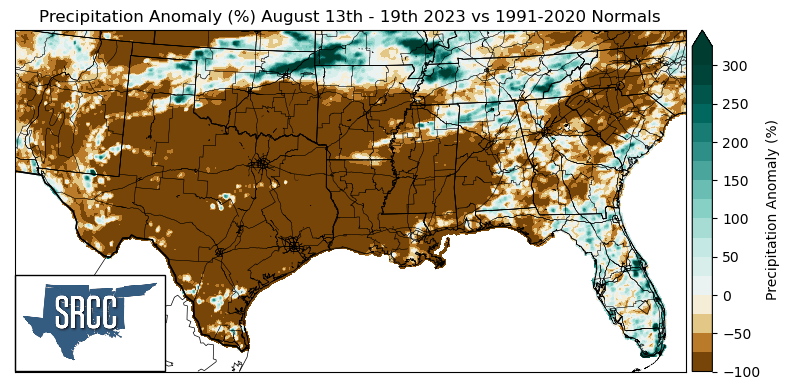 Graphic showing the precipitation anomalies across the Southern Region for August 13th - 19th