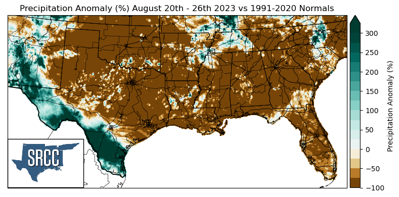 Graphic showing the precipitation anomalies across the Southern Region for August 20th - 26th