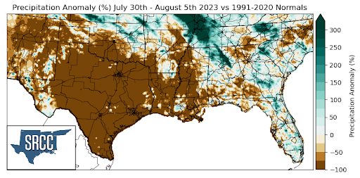 Graphic showing the precipitation anomalies across the Southern Region for July 30th - August 5th