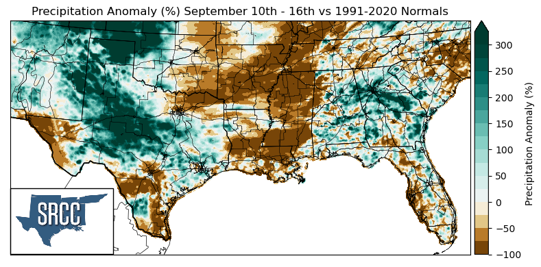 Graphic showing the precipitation anomalies across the Southern Region for September 10th - 16th
