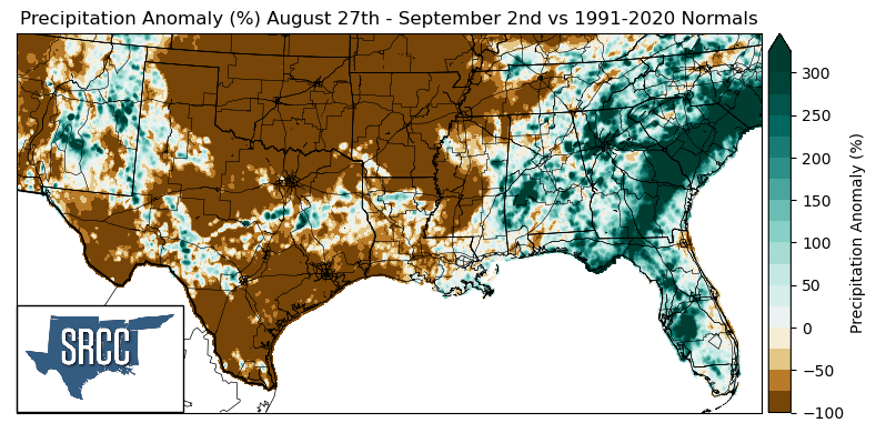 Graphic showing the precipitation anomalies across the Southern Region for August 27th - September 2nd