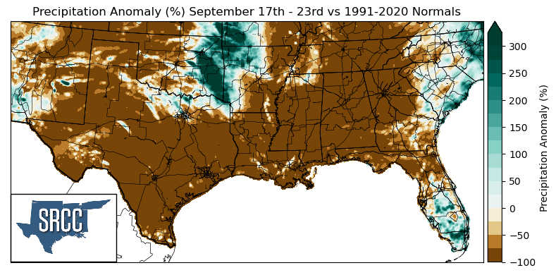 Graphic showing the precipitation anomalies across the Southern Region for September 17th - 23rd