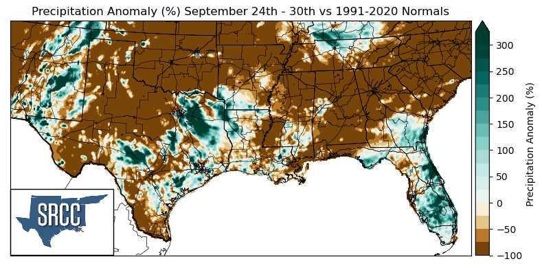 Graphic showing the precipitation anomalies across the Southern Region for September 24th - 30th