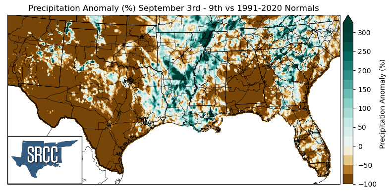 Graphic showing the precipitation anomalies across the Southern Region for September 3rd - 9th