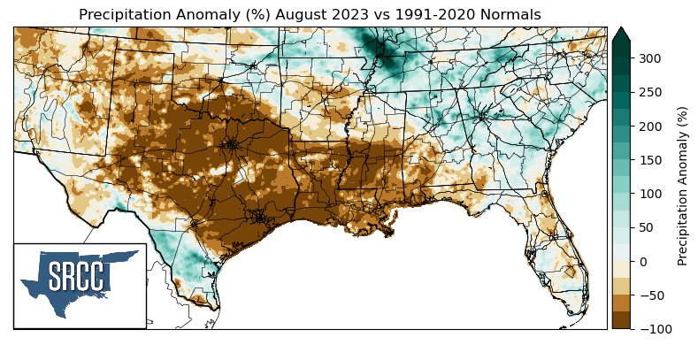 Graphic showing the precipitation anomalies across the Southern Region for August