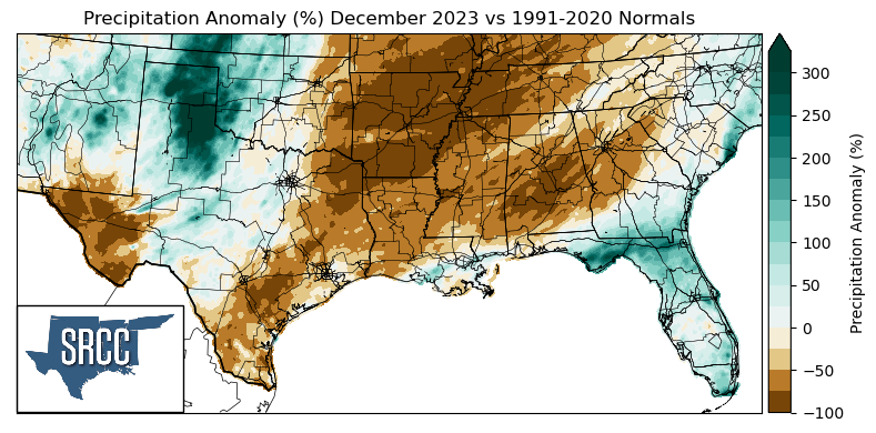Graphic showing the precipitation anomalies across the Southern Region for December