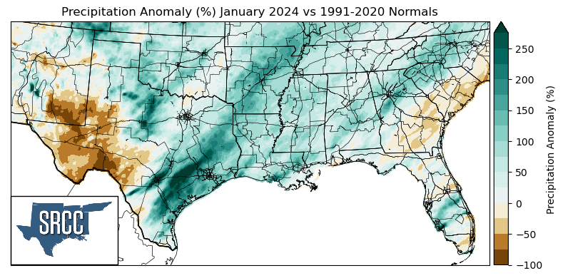 Graphic showing the precipitation anomalies across the Southern Region for January