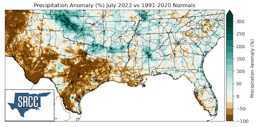 Graphic showing the precipitation anomalies across the Southern Region for July