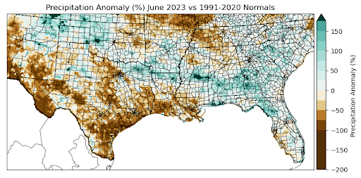Graphic showing the precipitation anomalies across the Southern Region for June