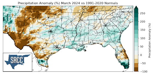 Graphic showing the precipitation anomalies across the Southern Region for March