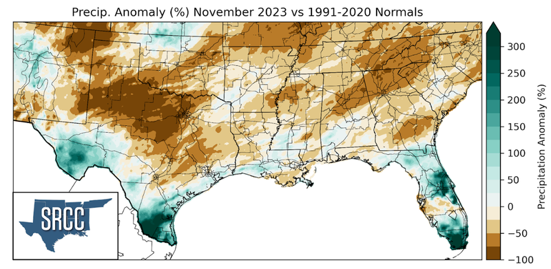 Graphic showing the precipitation anomalies across the Southern Region for November