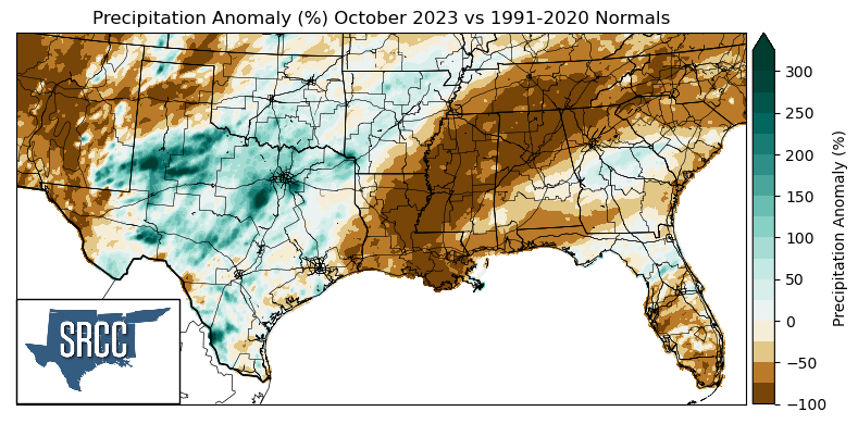 Graphic showing the precipitation anomalies across the Southern Region for October