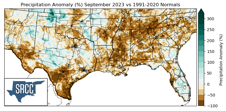 Graphic showing the precipitation anomalies across the Southern Region for September