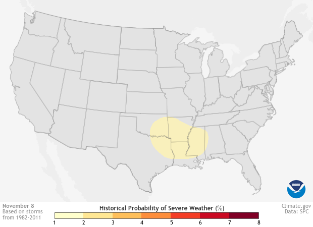 Map displaying the historical probability of severe weather on November 8th