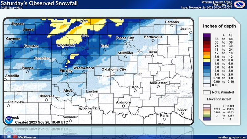 Observed Snowfall accumulations for 11/25/23