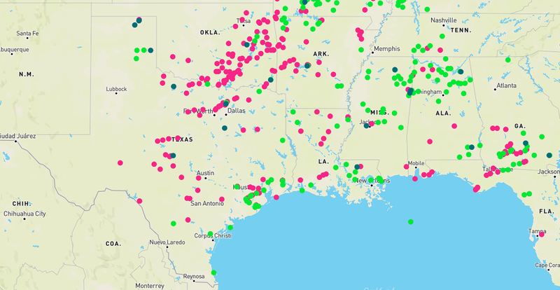 Map of storm reports across the Southern Region in March