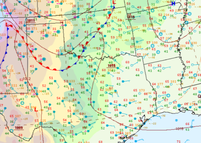 Map displaying a surface analysis for 11/25/23 at 3pm